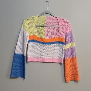 Unbranded Long-sleeved Color block Crocheted Neon Cropped Sweater Size S